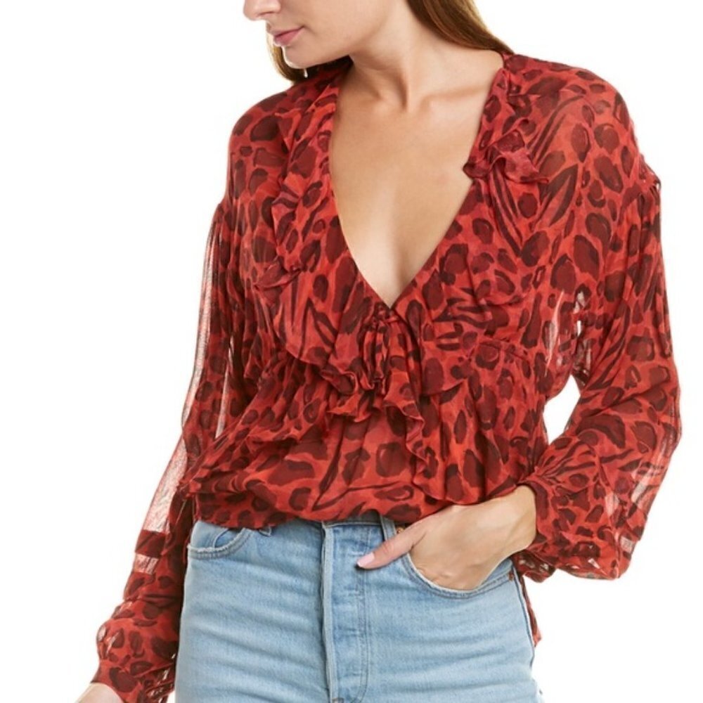 IRO Realize Red Leopard Ruffle Blouse 36 - Picture 1 of 8